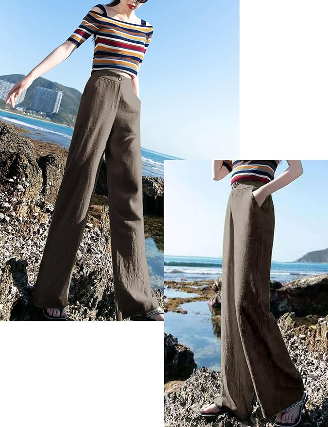 Hooever Womens Cotton Linen Pants Casual Button Up High Waisted Wide Leg Trousers