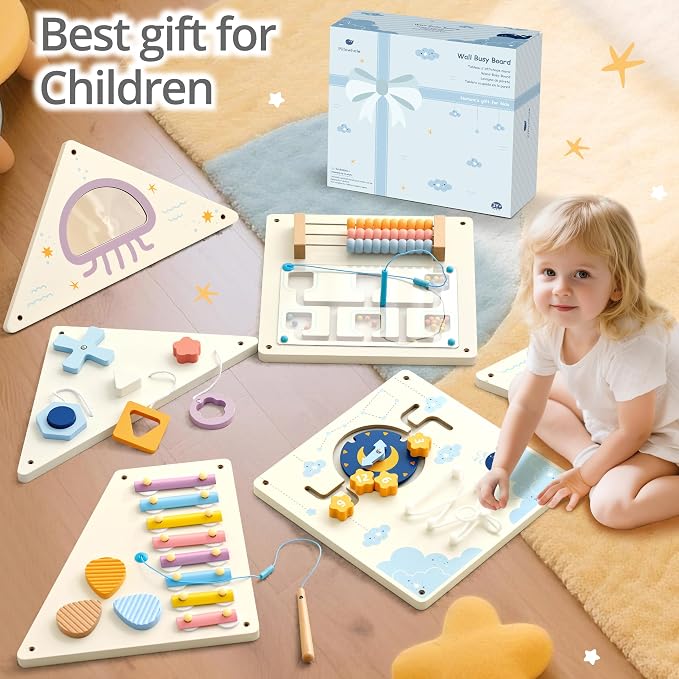 Pillowhale Tangram Activity Wall Busy Board Panels | 12-in-1 Learning Activity Center, Wooden Montessori Sensory Toys for Toddler Playroom, Nursery, Daycare, Classroom