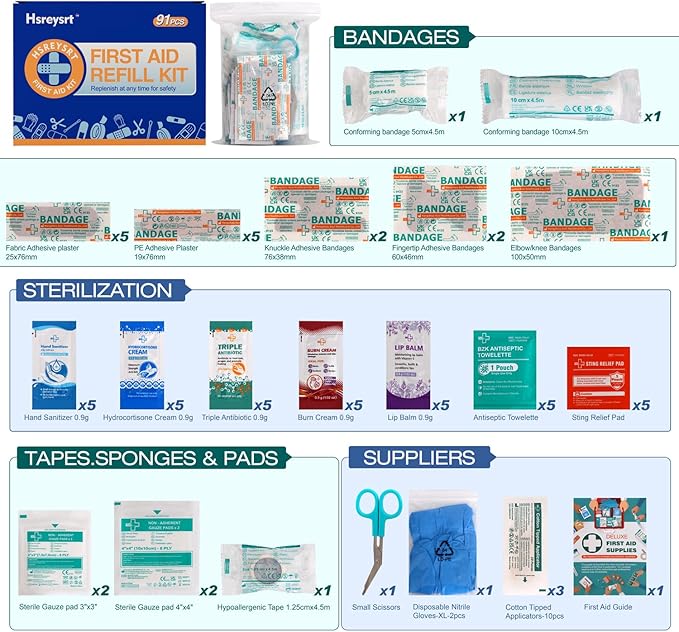 First Aid Refill Kit for Home, Car & Travel, Wound Care Supplies with Scissors, Tweezers, Assorted Bandages & Adhesive Bandages