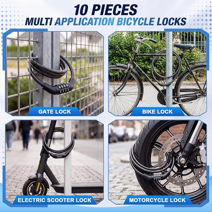 Bike Lock Cable with Combination, Coiled Preset Bike Lock High Security 4 Digit Bicycle Locks Anti Theft Bikes Accessories Black Bicycle Cable Locks, 5/6 Inch Diameter(10 Pcs,3 Feet)