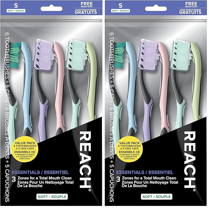 Reach Toothbrush, Soft Bristles, 6 Count | Multi-Zoned Angled | Contoured Handle | Tongue Scraper | Pack of 2