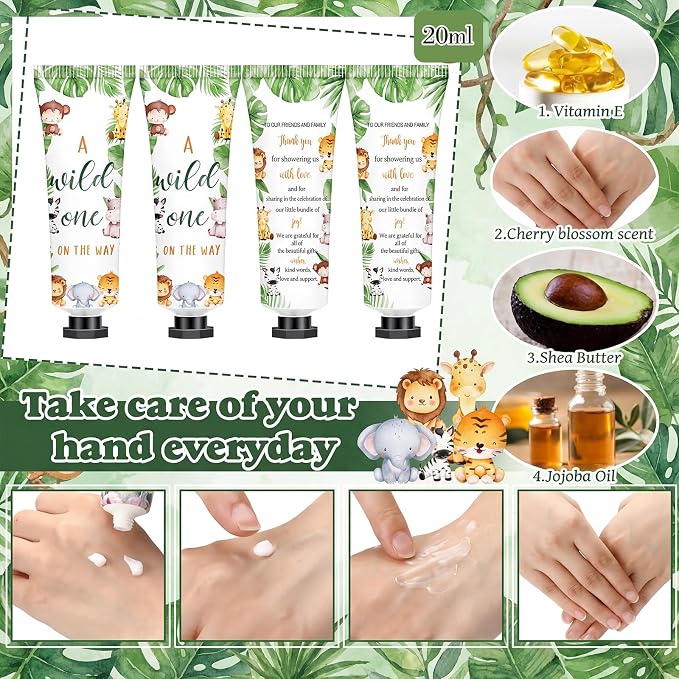 50 Sets 200 Pcs Safari Animal Baby Shower Hand Lotion and Lip Balm Gift Theme Baby Shower Party Favors Travel Size Hand Lotion and Lip Balm Bulk with Organza Bags Tags