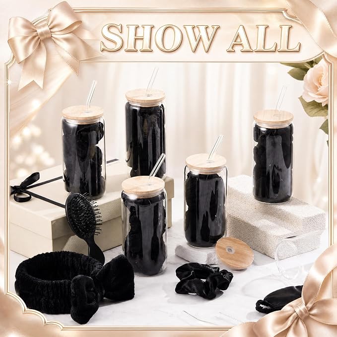37 Pcs Party Supplies for Girls, 6 Kit Girls Birthday Gifts Including Glass Cups, Hairbands, Sleep Eye Mask, Headband, Brush, Tote Bags with Ribbon for Women Black Spa Sleepover Party Favor