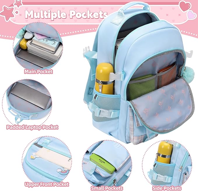 Backpack for Girls 15.6 Inch Laptop School Bag Kids Elementary College 3pcs Backpacks Lunch box Pencil Case Set Bookbags for Girls Teen Women Student Blue