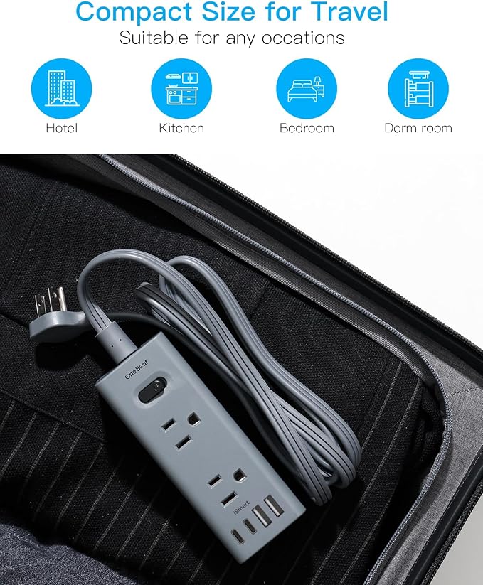 15Ft Extension Cord with Multiple Outlets, Flat Plug Power Strip Surge Protector with 15 Ft Long Cord, 6 Outlet 4 USB Ports (2 USB C), Multi Outlet Wall Plug for College, Dorm Room Essentials(Grey)