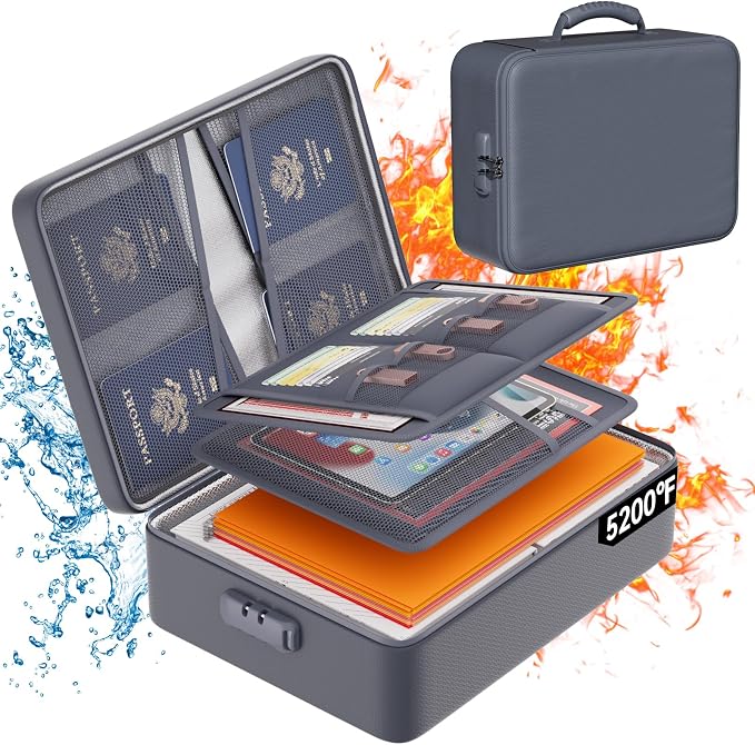 DocSafe 5200°F Document Organizer with Lock,Upgraded Heat Insulated Fireproof＆Waterproof Box 8 Layers File Organizer,Portable Home Travel Safe Storage for Important Documents, Files,Gray (Soft) | Heat Insulated 8 Layers File Protection Bag,Water-Resist...