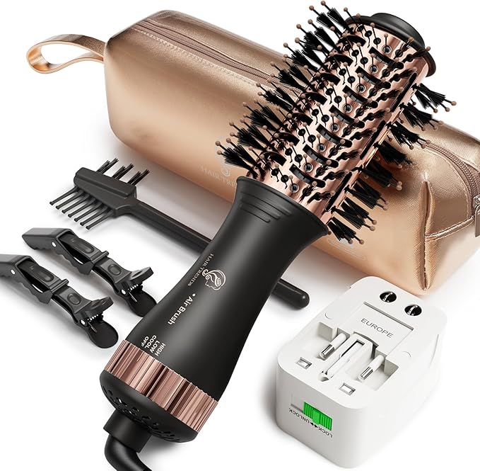 120-240V Travel Brush Hair Dryer, Small Hair Straightener Brush with European Plug Adapter for International Travel, 4 in 1 Hot Air Styler & Dryer for Drying Straightening Curling Volumizing