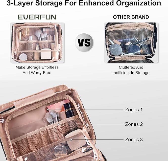 Everfun Travel Toiletry Bag with Hanging Hook and Leakproof Wet/Dry Compartments, Large Capacity Makeup Cosmetic Organizer for Women, 12x9x4.5 Inch, Urban Roam