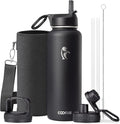 Water Bottle 40 oz Insulated with Straw&Brush, Coolflask Vaccum Stainless Steel Metal 3 Lids Water Flask for Sports, Gym or Office, Keep Cold 48H Hot 24H, Magic Black