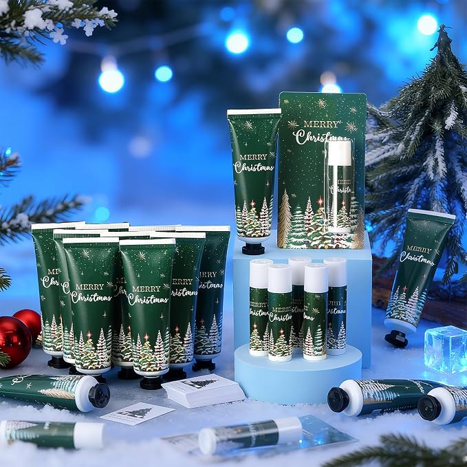 30 Sets Christmas Hand Cream and Lip Balm Bulk Mini Travel Size Hand Lotion and Moisturizing Lip Balm for Christmas Stocking Stuffers Holiday Gifts Xmas Party Favors