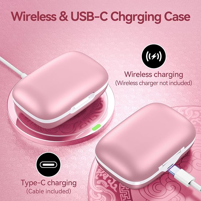 Active Noise Cancelling Ear Buds Wireless Earbuds 80H Playtime Bluetooth Headphones with LED Display Case, Hi-Res Audio Clear Calls Earphones with Over Ear Hooks for Running Gym Workout Rose Gold