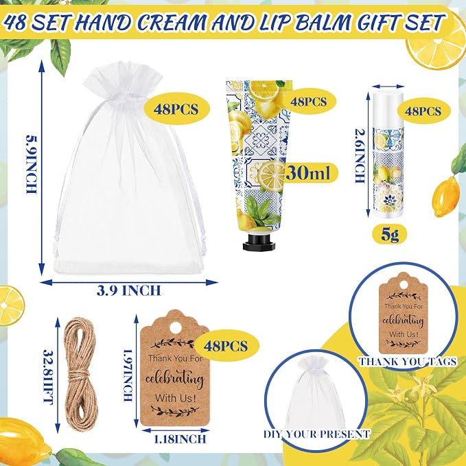 48 Set Capri Lemon Party Favors Bulk Italian Lemon Hand Cream and Lip Balm Gifts for Bridal Baby Shower Party Travel Size Lemonade Hand Lotion Lip Balm Set with Bag Tag for Guest Gender Reveal