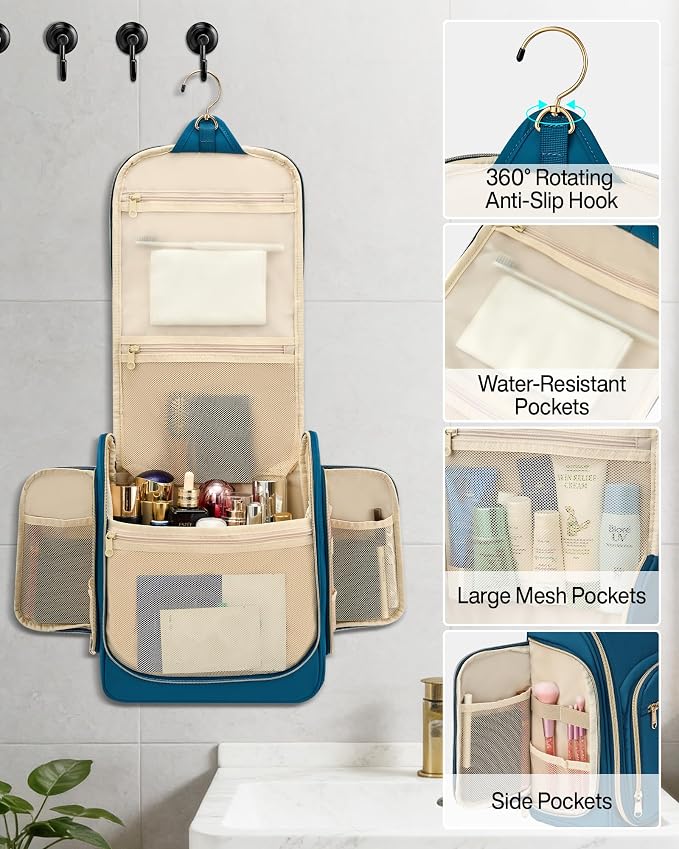 Hanke Hanging Travel Toiletry Bag for Men and Women, Water-Resistant Toiletries Bag Makeup Organizer with Hook, Cosmetic Bag for Bathroom & Travel Essentials Accessories, Navy Blue