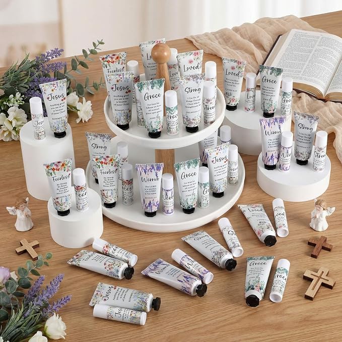Loopeer 24 Sets Bulk Christian Hand Cream and Lip Balm Set for Women Religious Travel Size Moisturizing Lip Care Mini Religious Gifts for Women Coworker Appreciation Gift