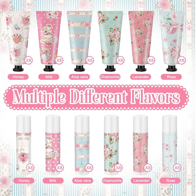 48 Sets Tea Party Favors Mini Hand Cream Lip Balm Bulk Gift Set for Women Wedding Party Favors for Guests Travel Size Hand Lotion Vintage Floral Moisturizing Lip Balm Gifts for Baby Shower