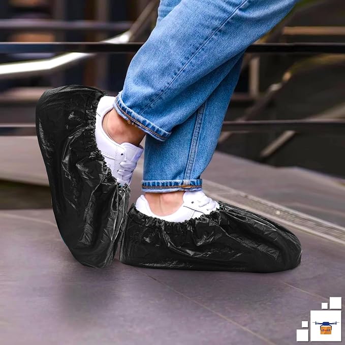 EZGOODZ Black Indoor Shoe Covers Disposable Non Slip, 16 x 6 Inch. 100 Pack Shoe Booties Disposable. 2 Mil CPE Disposable Booties for Shoes Covers. Waterproof Surgical Boot Covers for Outdoor