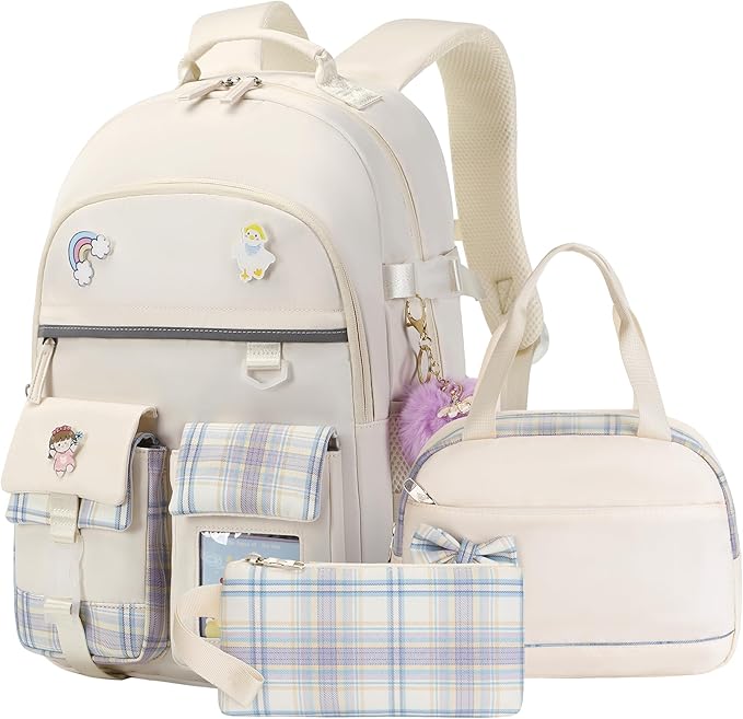 Backpack for Girls 15.6 Inch Laptop School Bag Kids Elementary College 3pcs Backpacks Lunch box Pencil Case Set Bookbags for Girls Teen Women Student Beige