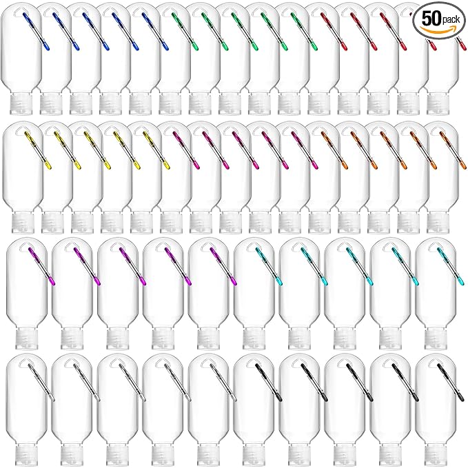 FairySandy 50 Pcs Traveling Bottles with Keychain 2oz Clear Plastic Hand Sanitizer Holder Keychain Empty Refillable Liquid Packing Container Squeeze Plastic Bottle with Lid,Rectangle
