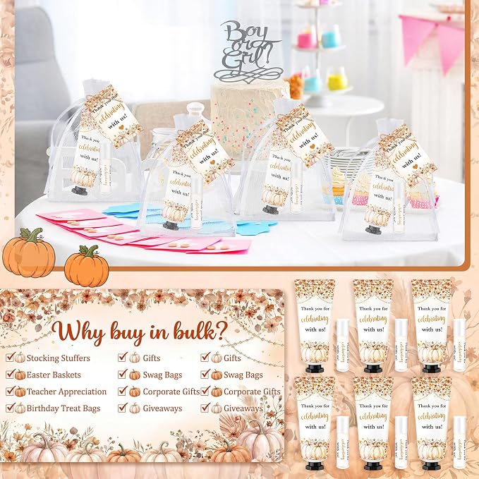50 Sets 200 Pcs Baby Shower Hand Lotion and Lip Balm Gift Fall Thank You Theme Baby Shower Favors Travel Size Hand Lotion and Lip Balm Bulk with Organza Bags Tags