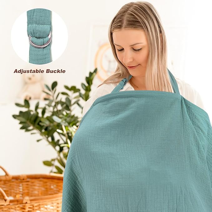 Haleeone Muslin Nursing Cover for Breastfeeding, Privacy Breathable Breastfeeding Cover with Arch Neckline for Mom, 100% Cotton Nursing Apron, Floral and Green