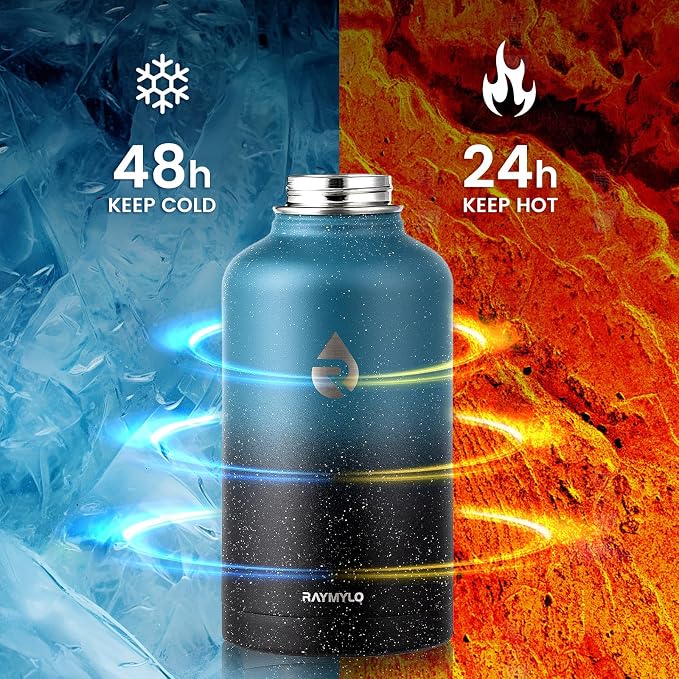 RAYMYLO Insulated Water Bottle 64 oz, Triple Wall Vacuum Stainless Steel (Cold for 48 Hrs), Leak Proof & Non-BPA, Half Gallon Water Flask Jug with Paracord Handle & Straw Spout Lids