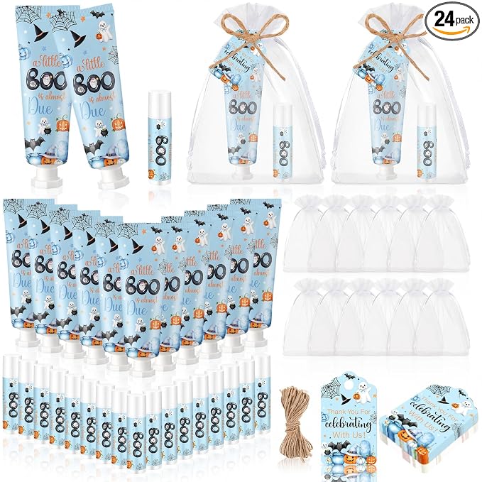 24 Sets Halloween Little Boo Baby Shower Hand Cream and Lip Balm Gift Baby Shower Party Favors Travel Size Hand Lotion Lip Balm Bulk with Organza Bag Tag Halloween Newborn Party for Guests Kids