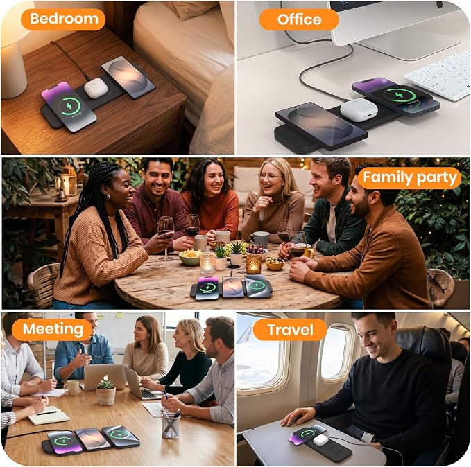ZealSound Wireless Charging Pad, 3-in-1 Fast Wireless Charger with 36W Adapter for iPhone 17/16/15, Samsung Galaxy, AirPods & Galaxy Buds, Ultra-Slim PU Leather Charging Station for Home Office Travel