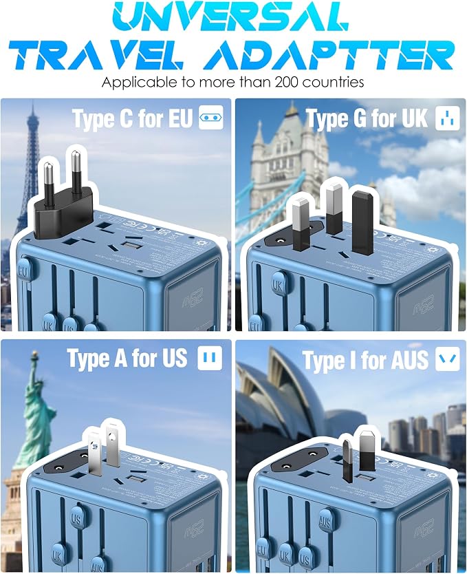 Universal Travel Adapter with 5 USB C/A Ports 30W Fast Charging, 2500W AC Outlet, International Power Adapter for Europe UK Japan, Travel Charger for Phone Laptop, 200+ Countries 10A Safety Fuse