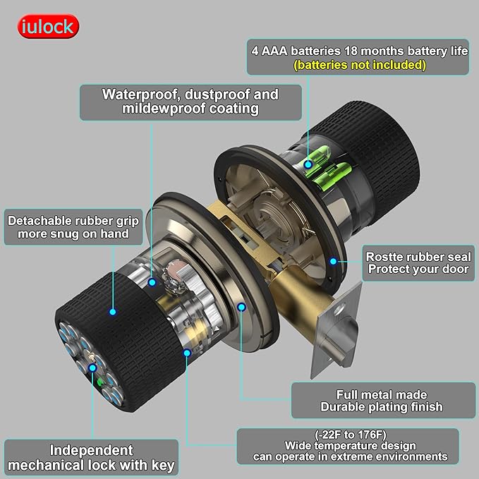 iulock Smart Door Knob with Keypad and Key,Keyless Entry Door Lock with Rubber Grip, Auto Lock,50 User Code,Waterproof, Easy to Install and Program for Bedroom(Stain Nickel Same Key 4 Pack)