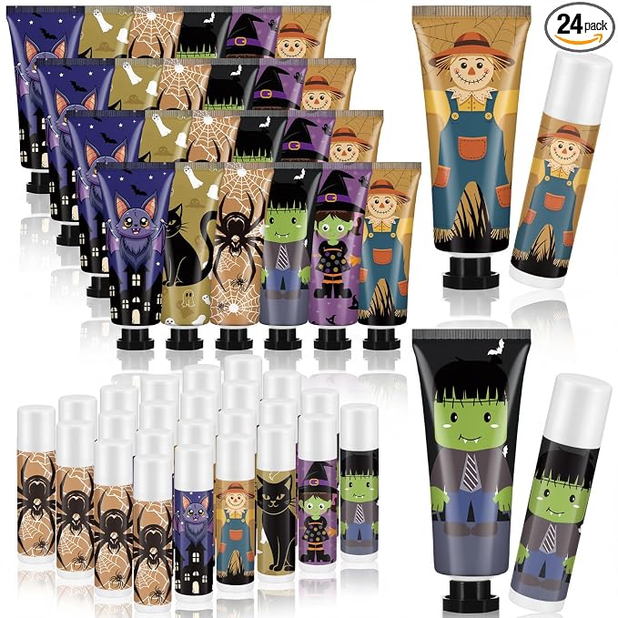 24 Pack Halloween Hand Cream and Lip Balm Gifts Sets for Women Mini Hand Lotion Bulk Travel Size Moisturizing Cream Halloween Party Favors for Boo Basket Stuffers 6 Natural Plant Fragrances