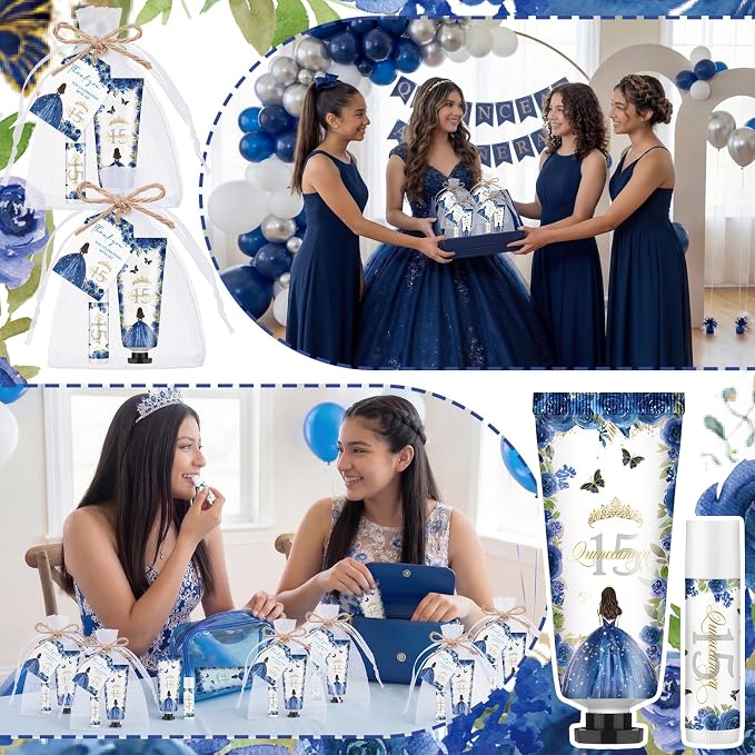 Leelosp 25 Set/100 Pcs Quinceanera Party Favor for Guest with Travel Size Hand Cream, Lip Balm, Card, Organza Bags Quinceanera Gift Set Sweet 15th Party Supply Birthday Souvenir(Blue)
