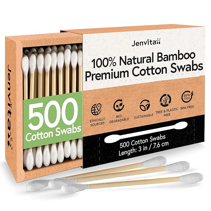 Jenvita 100% Bamboo Cotton Swabs for Ears (500-Pack) - Perfect for Baby & Personal Care | Double-Tipped Ear Swabs Cotton for Makeup & Cleaning | FSC Certified & Hypoallergenic, Made for All Ages & Pet