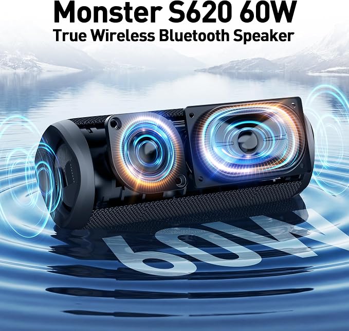 Monster S620 Bluetooth Speaker, Wireless Portable Outdoor Bluetooth Speakers, 60W True Wireless Stereo IPX8 Waterproof, Dual PairingBluetooth 5.4 Built-in Mic, Perfect for Home, Black