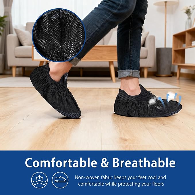 X-Large Shoe Covers Disposable [200-Pack] - Black Non-Woven Fabric Disposable Shoe Covers for Indoors, Fits Men's Size 13 | Durable, Slip-Resistant Boot Covers | Protect Floors, Shoes & Booties