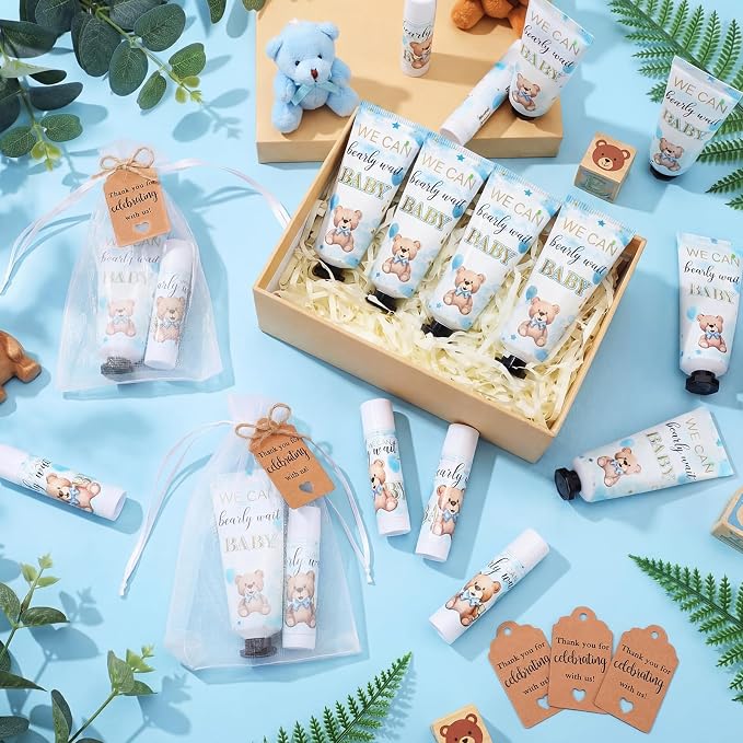 50 Sets 200 Pcs Blue Theme Bear Baby Shower Hand Lotion and Lip Balm Gift Theme Baby Shower Party Favors Travel Size Hand Lotion and Lip Balm Bulk with Organza Bags Tags