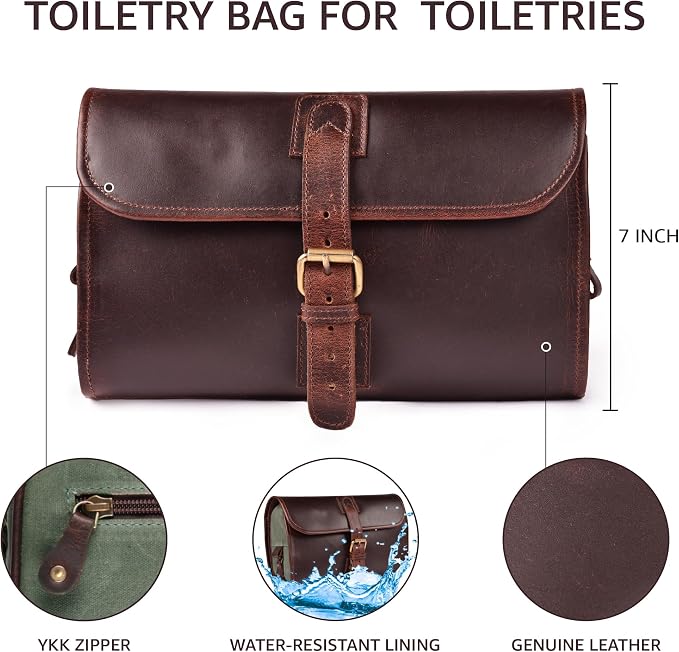 LEATHER VILLAGE Hanging Genuine Leather Toiletry Bag for Men & Women with Waterproof Lining – Handcrafted Vintage Travel Dopp Kit, Shaving Organizer & Shower Bathroom Essentials Case - Cherry