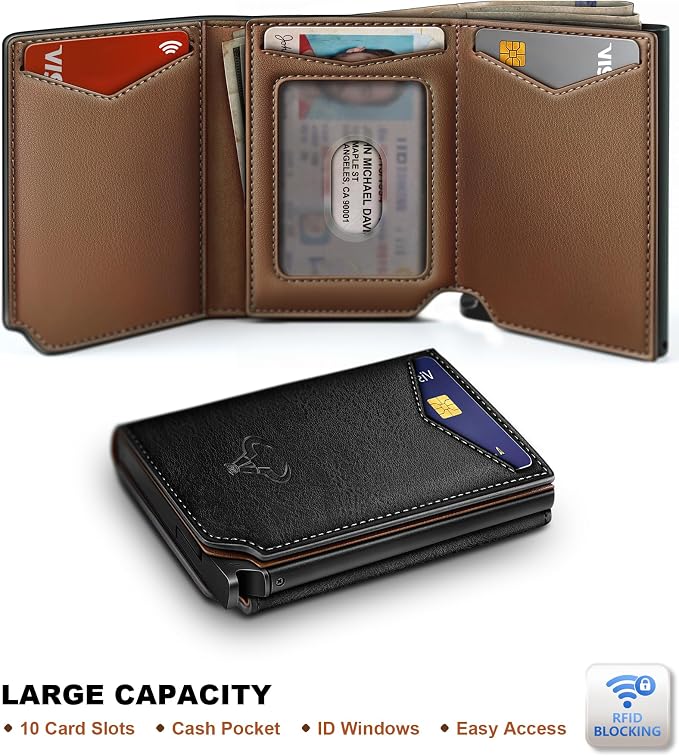 BULLIANT Men Wallet Leather Wallet Card Holders Money Clip for Men 10Cards-Magnetic Flip on Metal Case