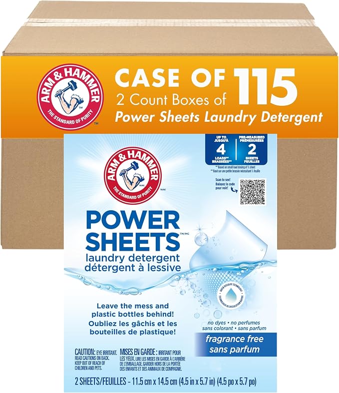 Arm & Hammer Fragrance Free Laundry detergent Sheets, Case of 115, travel pack