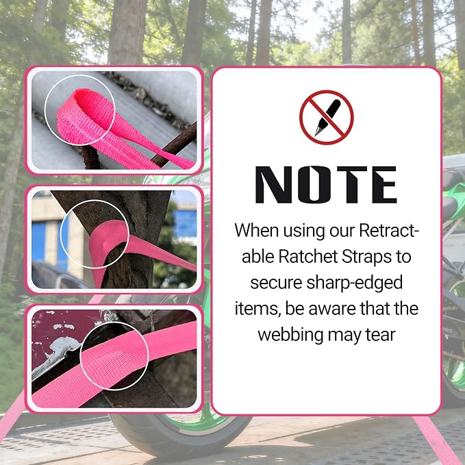 Retractable Ratchet Straps 1" x 13Ft, Heavy Duty Self Retracting Tie Down Straps, 1800lb Break Strength Auto Retract Cargo Straps for Truck, Trailer, Motorcycle, ATV, UTV, (Pink, 2 Pack)