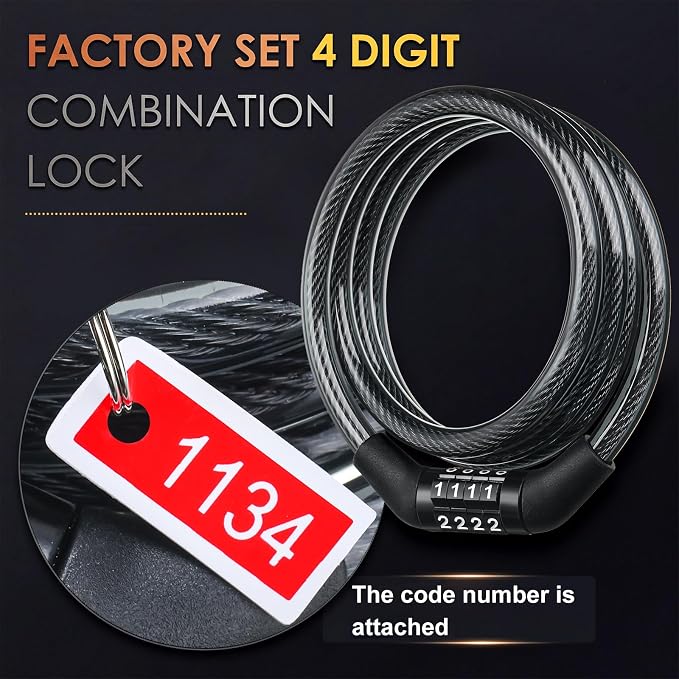 Hotop 30 Pcs 4 Feet Bike Lock Cable with Combination, Coiled Preset Bike Lock High Security 4 Digit Bicycle Locks Anti Theft Bikes Accessories Black Bicycle Cable Locks, 5/6 Inch Diameter