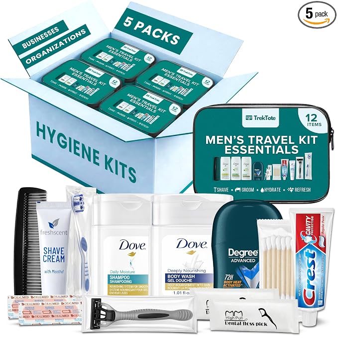 TrekTote Bulk Men’s Travel Hygiene Kits Case Pack of 12 Piece Kits TSA Approved Travel Size Toiletry Kits with Toothbrush Toothpaste Deodorant Razor for Outreach Emergency Use