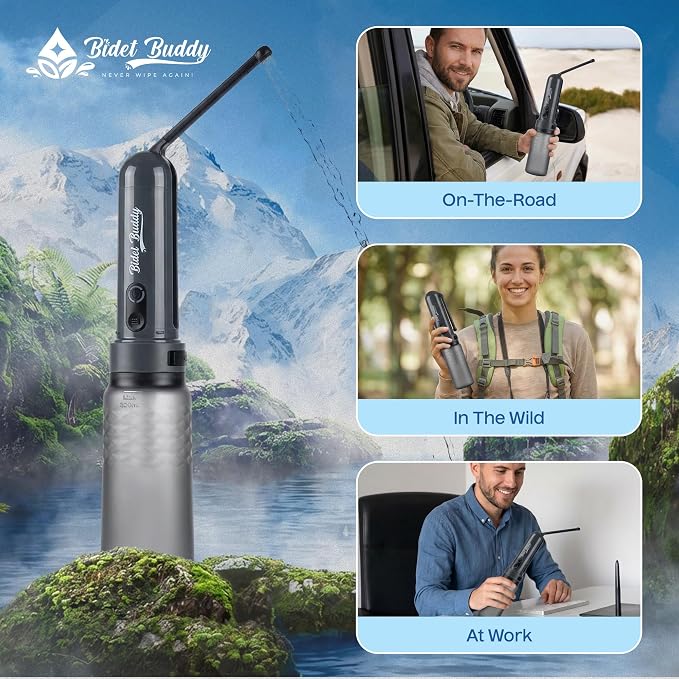 BIDET BUDDY® GoFlow Portable Bidet for Travel - 320ml Bottle with Adjustable Power Modes, Nozzle Wand, IPX7 Waterproof, USB C Charging, 800mAh Rechargeable Battery, Medium Pressure