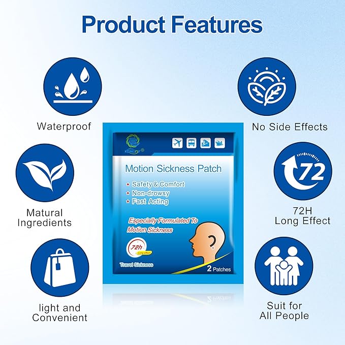 KONGDY 60 Counts Motion Sickness Patches for Kids/Adults, Seasick Patches for Cruise with Waterproof and Non Drowsy, Sea Sickness Patches Behind Ear