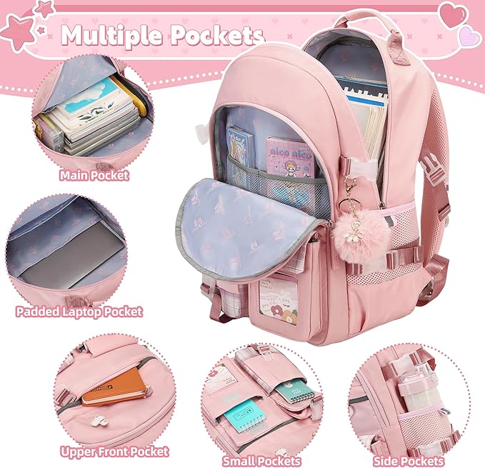 Backpack for Girls 15.6 Inch Laptop School Bag Kids Elementary College 3pcs Backpacks Lunch box Pencil Case Set Bookbags for Girls Teen Women Student Pink