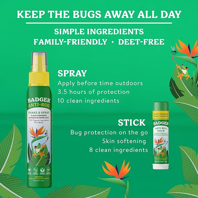 Badger Bug Repellent, Easy to Use Travel Stick, DEET-Free Mosquito Repellent & Insect Protection, Certified Organic Essential Oil Balm