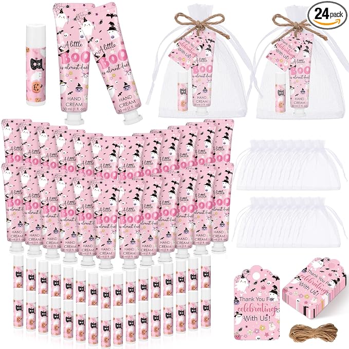 24 Sets Halloween a Little Boo Is Almost Due Baby Shower Hand Cream and Lip Balm Gift Travel Size Hand Lotion and Lip Balm with Organza Bags Tags Pink Black Halloween Baby Shower Favors for Guests
