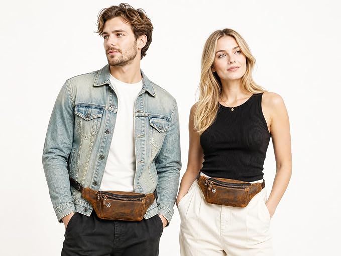 Water Resistant Canvas + Leather Hiking Riding Travel Fanny Waist Pack Small Phone Pouch For Men Women FB811-29 (W-8138-Brown)