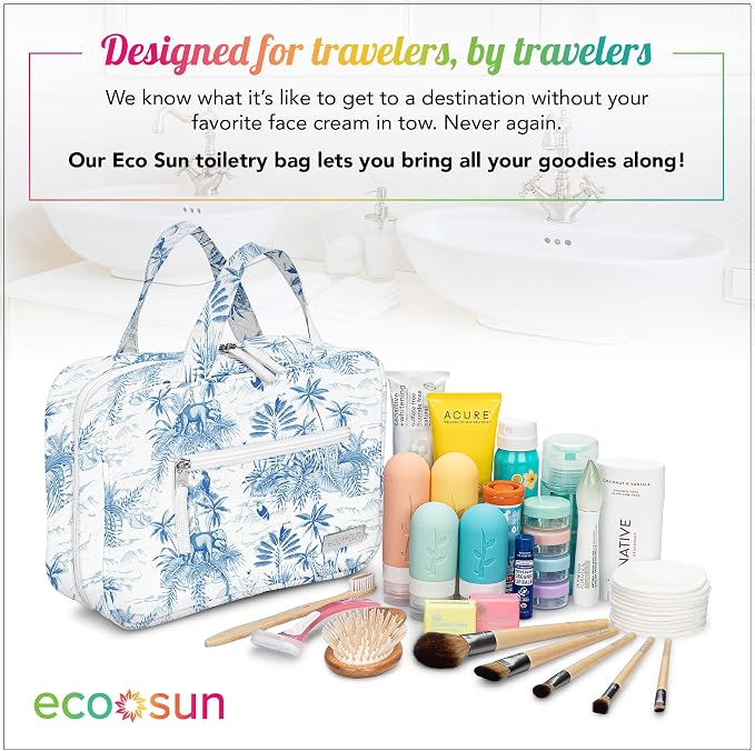 Eco Sun Hanging Travel Toiletry Bag — Designed in Hawaii — Water-resistant Travel Organizer for Bathroom Accessories (Baby Blue Safari)