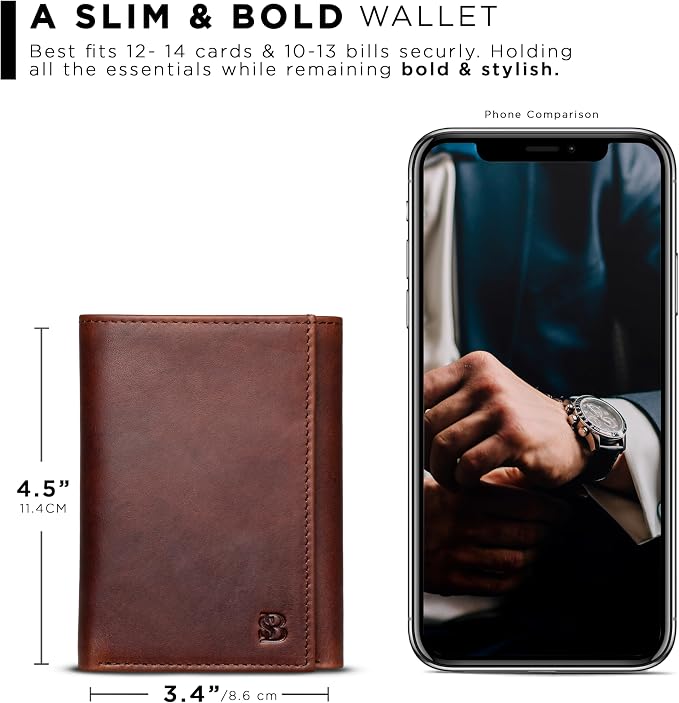 SERMAN BRANDS Trifold Wallet for Men - RFID Blocking Full Grain Leather, 11 Card Slots & ID Window, Slim Everyday Carry, Durable Stitching, Gift for Him