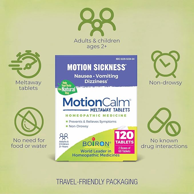 Boiron MotionCalm Relief for Nausea, Vomiting, or Dizziness from Motion Sickness, Carsickness, Seasickness, Amusement Rides, and Video Games or VR - Non-Drowsy - 120 Count (2 Pack of 60)